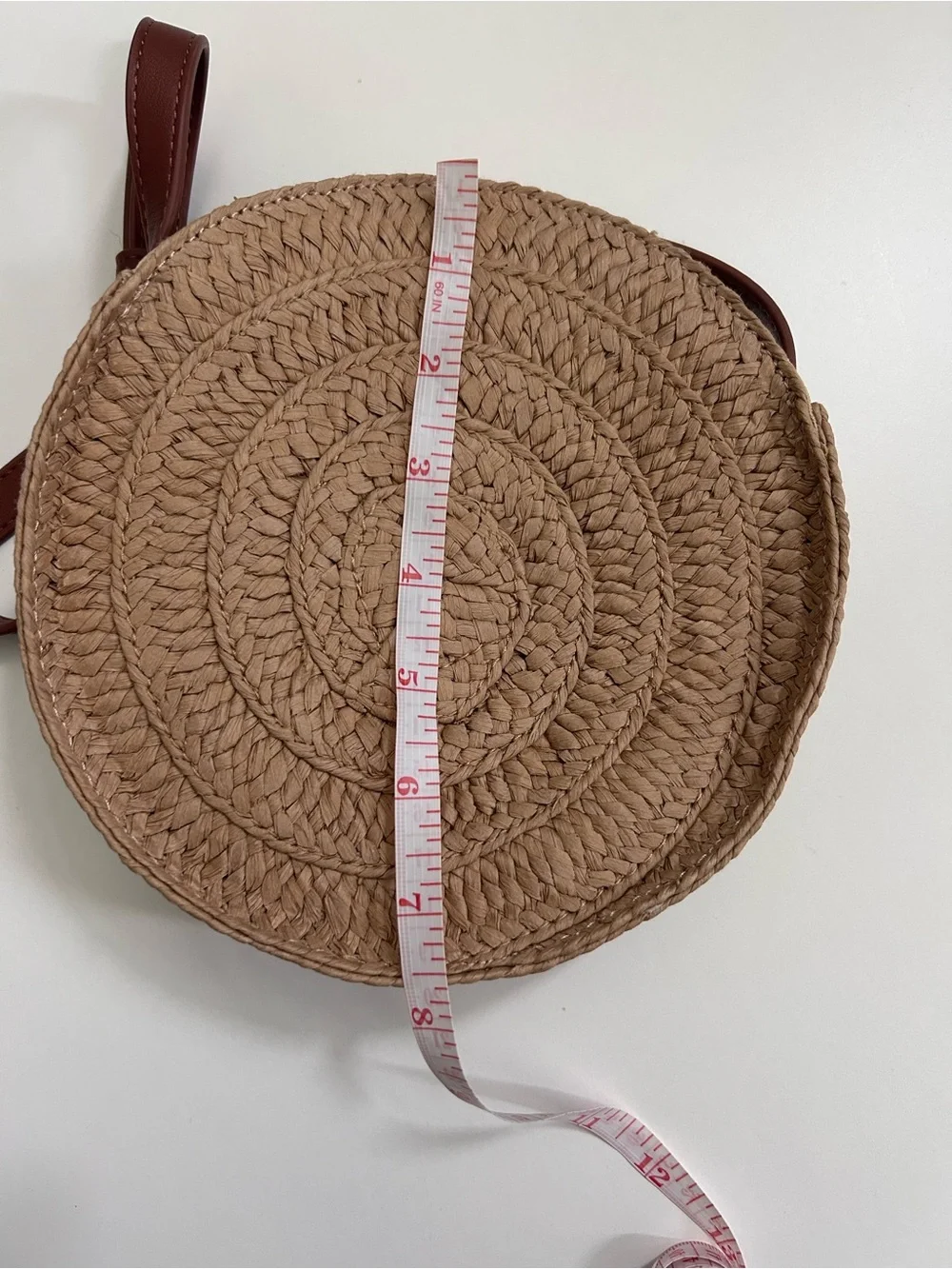 NWT Women’s Round Woven Crossbody Bag in Tan with Brown Strap